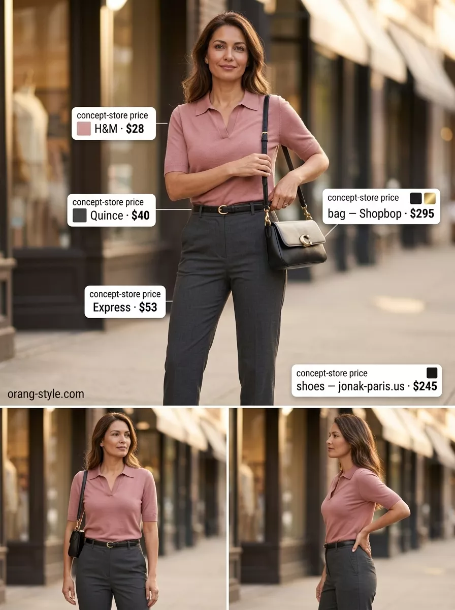 Classic summer outfit for women over 40 2026: Charcoal grey trousers, blush pink polo, black loafers for business casual.
