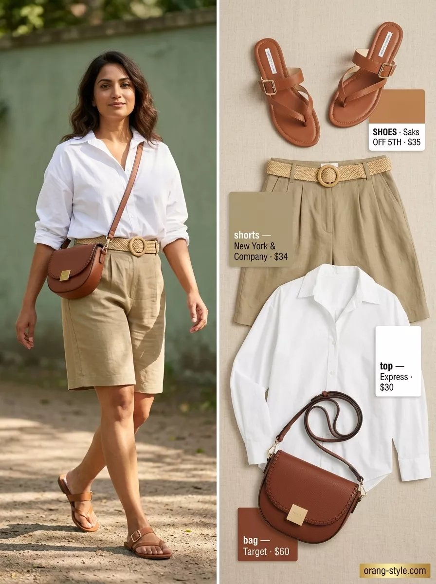Classic summer outfit for women over 40 2026: Khaki Bermuda shorts, white shirt, cognac sandals for casual lunch.