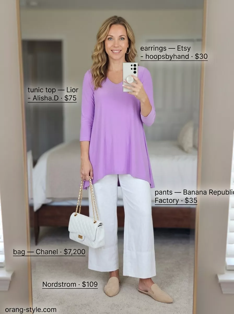 Classic summer outfit for women over 40 2026: Lavender tunic, white wide-leg pants, nude flats for garden visit.