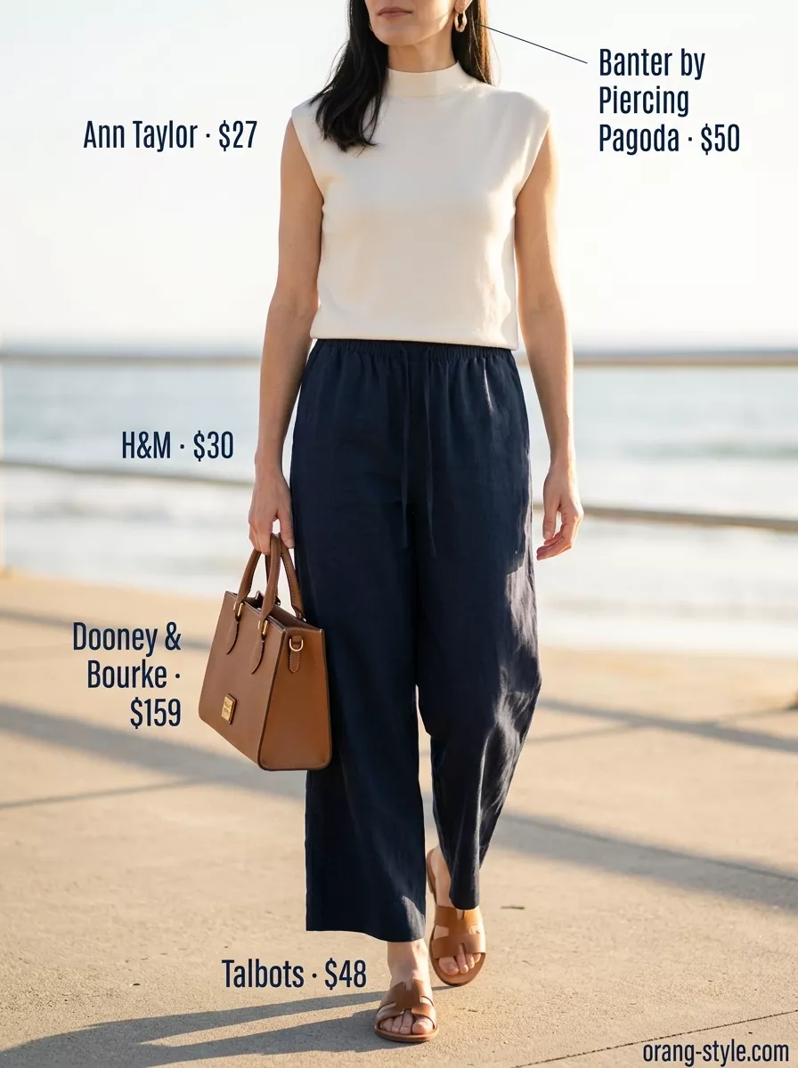 Classic summer outfit for women over 40 2026: Navy linen pants, cream knit top, tan sandals for resort wear.