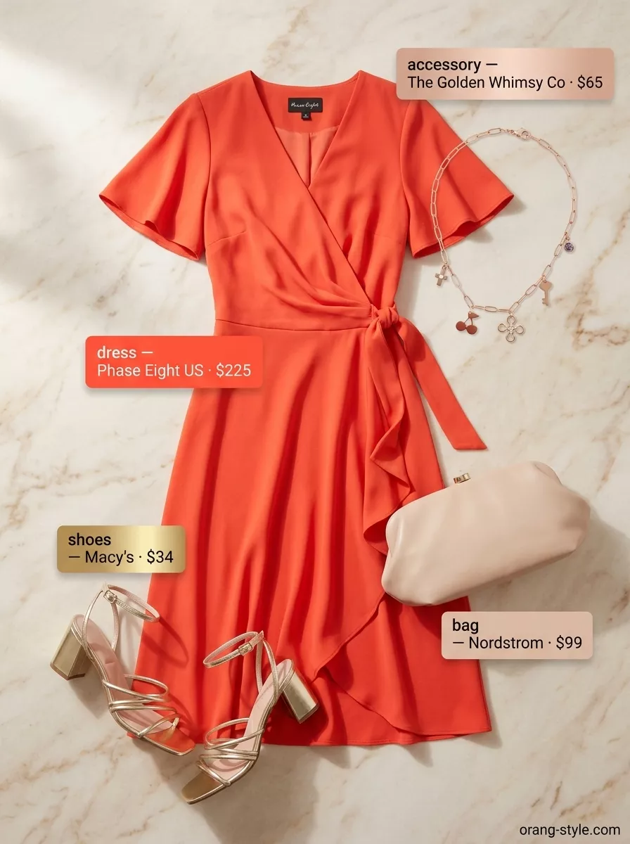 Classic summer outfit for women over 40 2026: Coral midi wrap dress, gold sandals, nude clutch for a summer party.