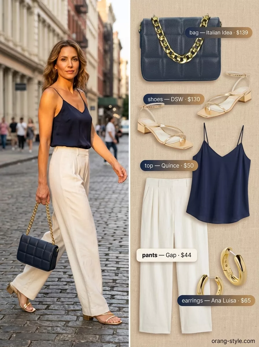 Classic summer outfit for women over 40 2026: Ivory linen pants, navy camisole, gold sandals for vacation dinner.