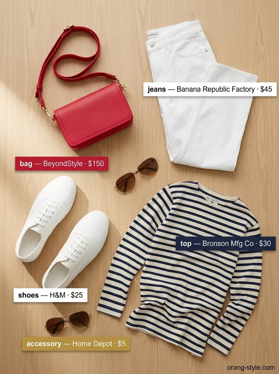 Classic summer outfit for women over 40 2026: White jeans, navy stripe top, red crossbody bag for weekend brunch.