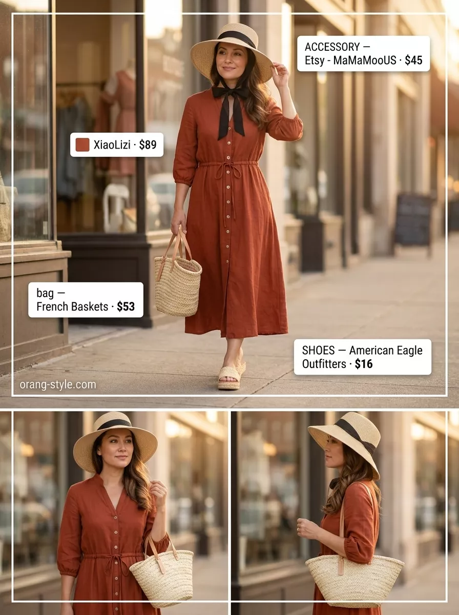 Classic summer outfit for women over 40 2026: Terracotta maxi dress, straw tote, espadrilles for weekend getaway.