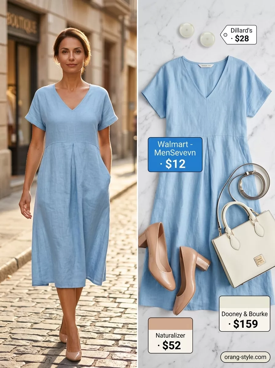 Classic summer outfit for women over 40 2026: Sky blue linen dress, nude pumps for summer office.