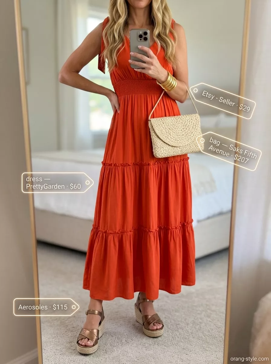 Classic summer outfit for women over 40 2026: Terracotta maxi dress, bronze espadrilles, gold cuff for resort dinner.