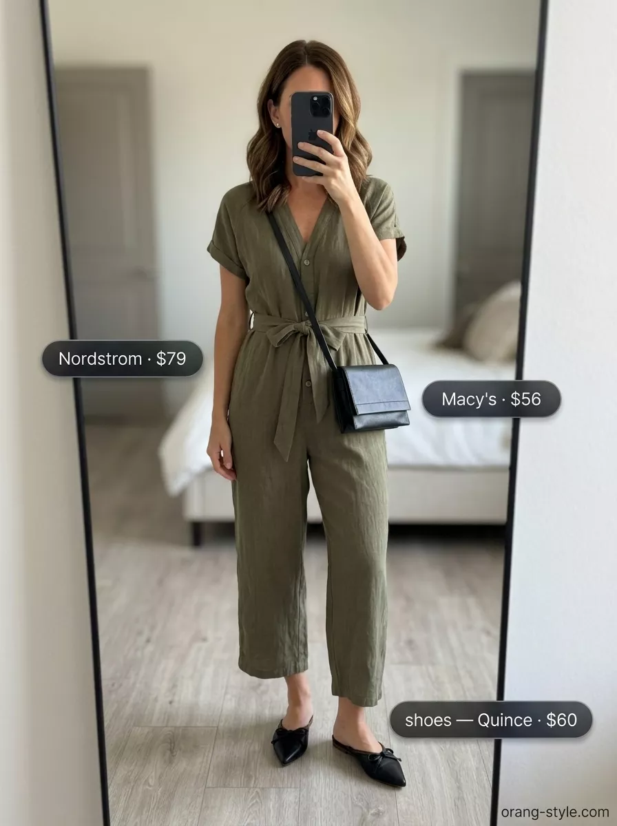 Classic summer outfit for women over 40 2026: Olive green utility jumpsuit, black mules, silver earrings, and crossbody bag for city exploration.