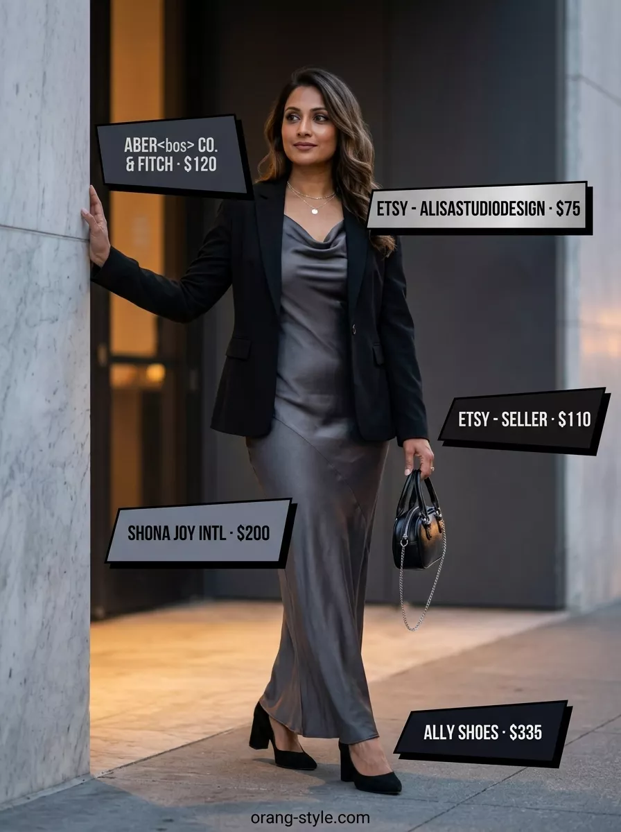 Classic summer outfit for women over 40 2026: Charcoal gray satin slip dress, black blazer, silver necklace, and block heels for evening.