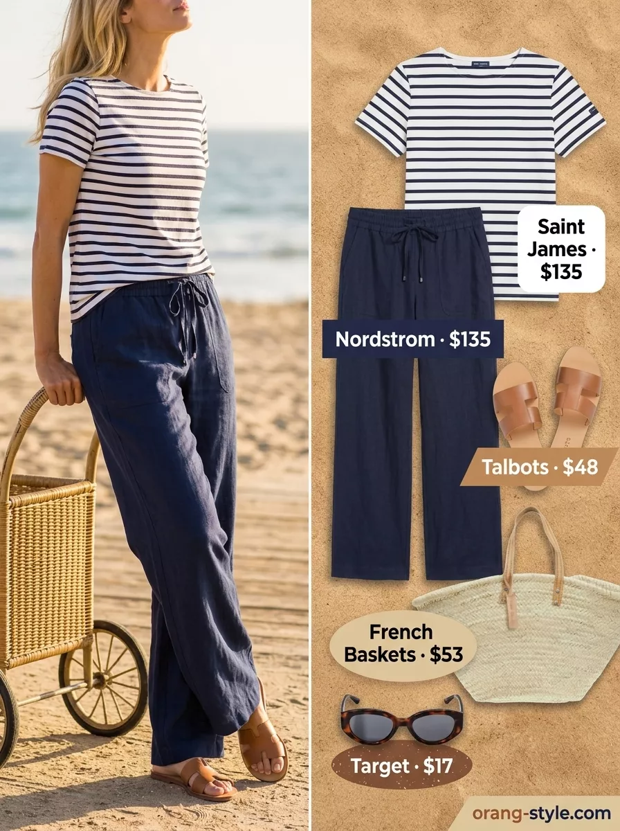 Classic summer outfit for women over 40 2026: Navy linen pants, striped knit top, straw tote, and tan slides for a relaxed vacation look.