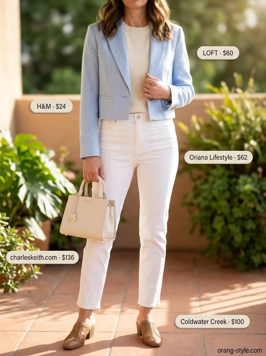 Classic summer outfit for women over 40 2026: White jeans, linen blazer, loafers for elevated everyday.