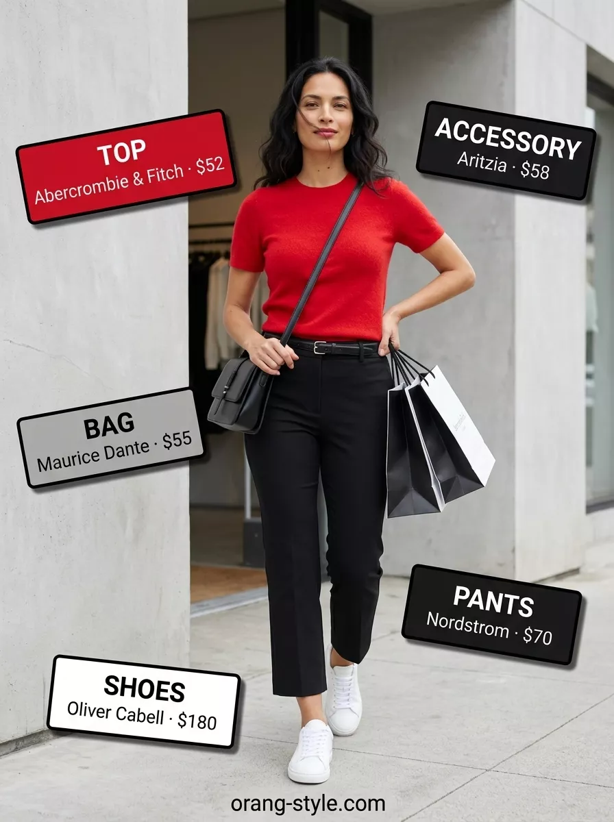 Classic summer outfit for women over 40 2026: Black capris, red top, white sneakers for a museum day.