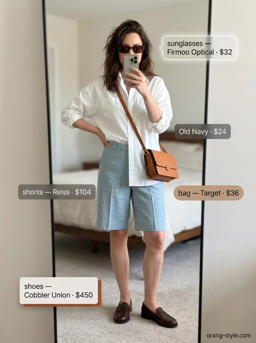 Classic summer outfit for women over 40 2026: Sky blue Bermuda shorts, white button-down, cognac loafers, and crossbody bag for a weekend visit.