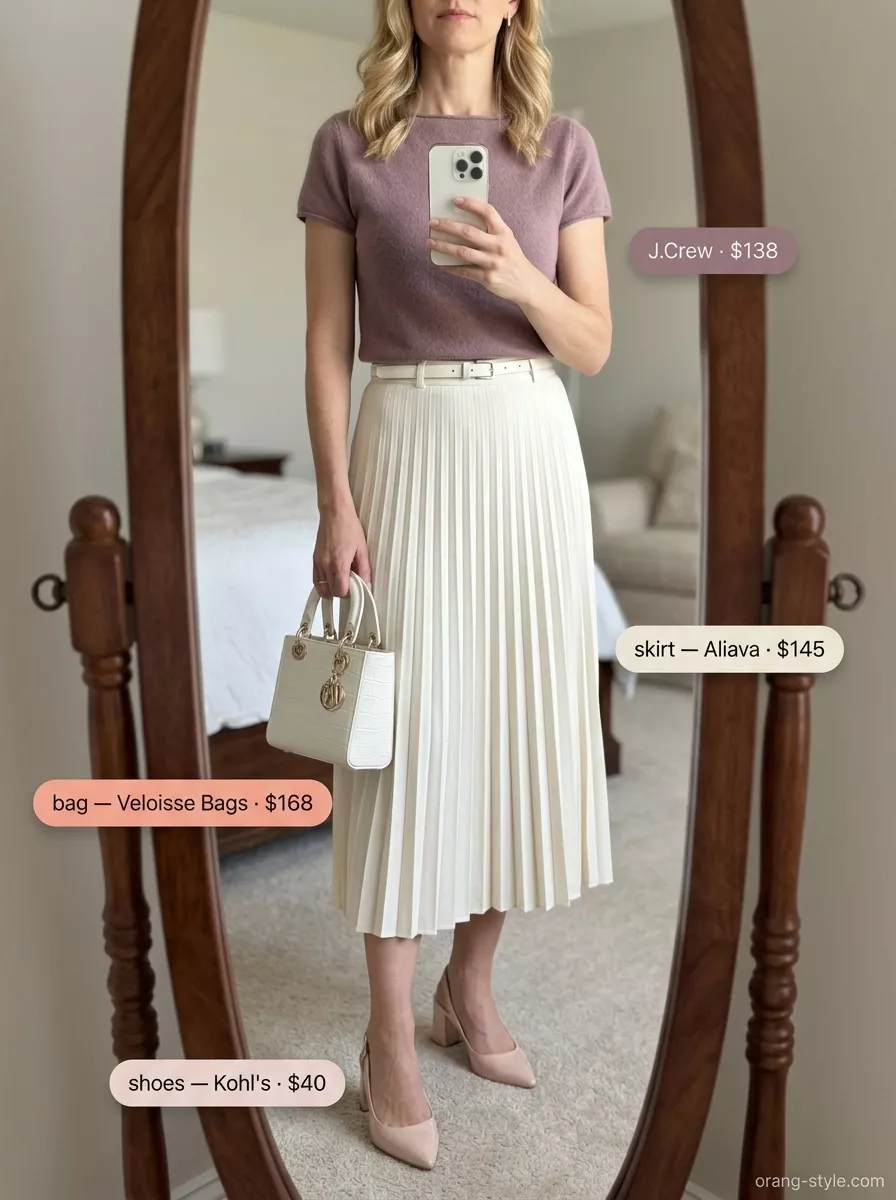 Classic summer outfit for women over 40 2026: Cream midi skirt, blush pink knit top, nude pumps, and top-handle bag for a garden party.