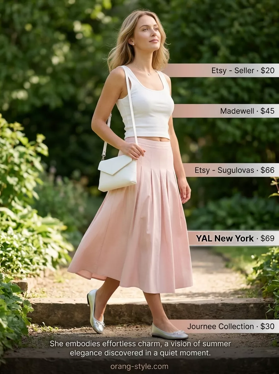 Classic summer outfit for women over 40 2026: Pink A-line midi skirt, white tank, silver ballet flats, and crossbody bag for a garden party.