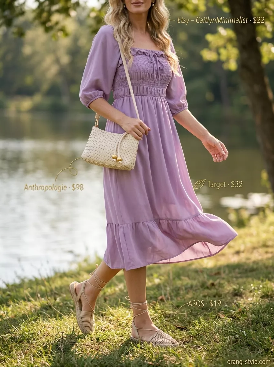Classic summer outfit for women over 40 2026: Lavender sundress, espadrille sandals, pearl earrings, and straw crossbody for a picnic.