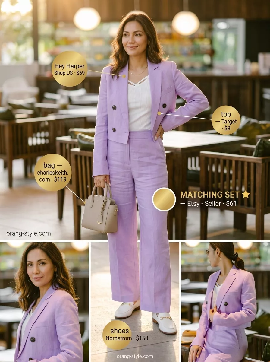 Classic summer outfit for women over 40 2026: Lavender linen set, white tank, loafers for summer event.