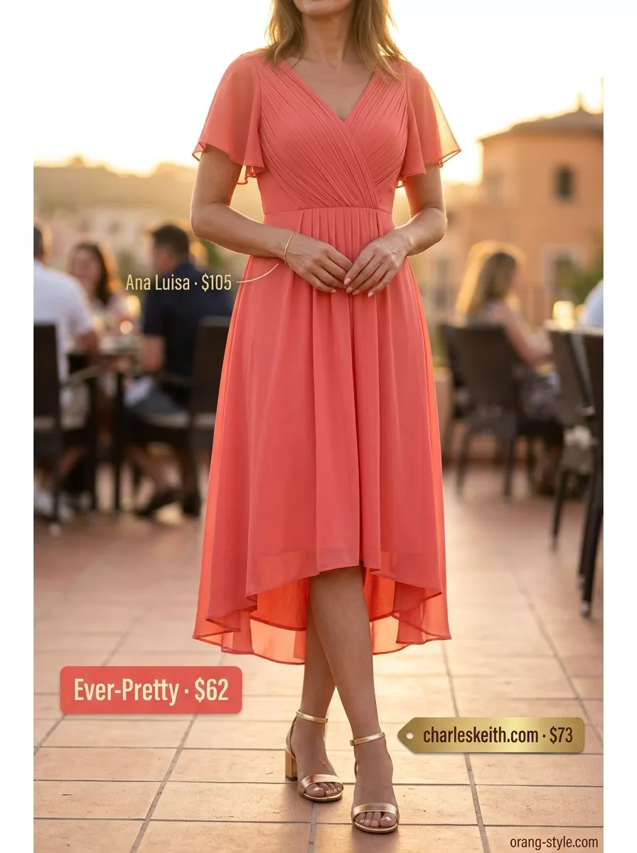 Classic summer outfit for women over 40 2026: Soft coral midi dress, gold sandals, gold bracelet, and cream clutch for a vacation evening.