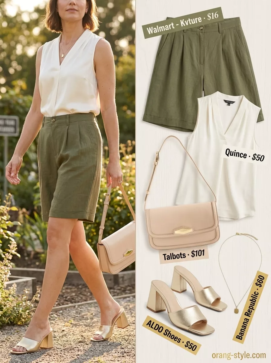 Classic summer outfit for women over 40 2026: Olive Bermuda shorts, silk blouse, block heels for brunch.