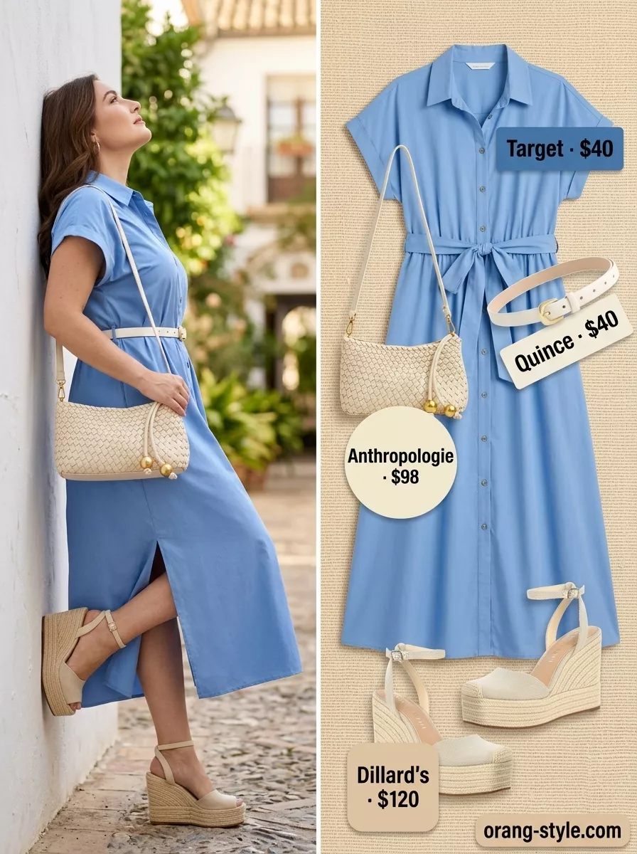 Classic summer outfit for women over 40 2026: Sky blue shirt dress, raffia wedges for city sightseeing.