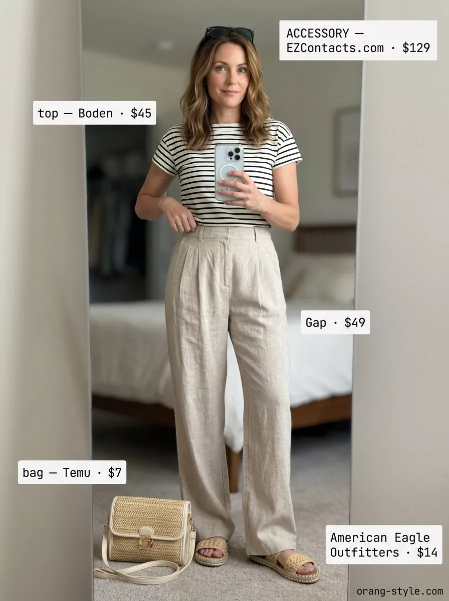 Classic summer outfit for women over 40 2026: Linen trousers, striped tee, espadrilles for a sunny day.