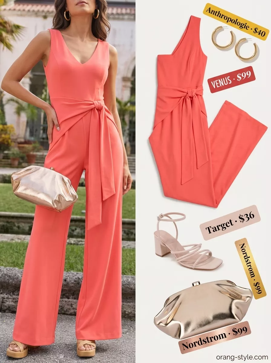 Classic summer outfit for women over 40 2026: Coral wide-leg jumpsuit, gold hoops, nude sandals, and metallic clutch for an evening event.