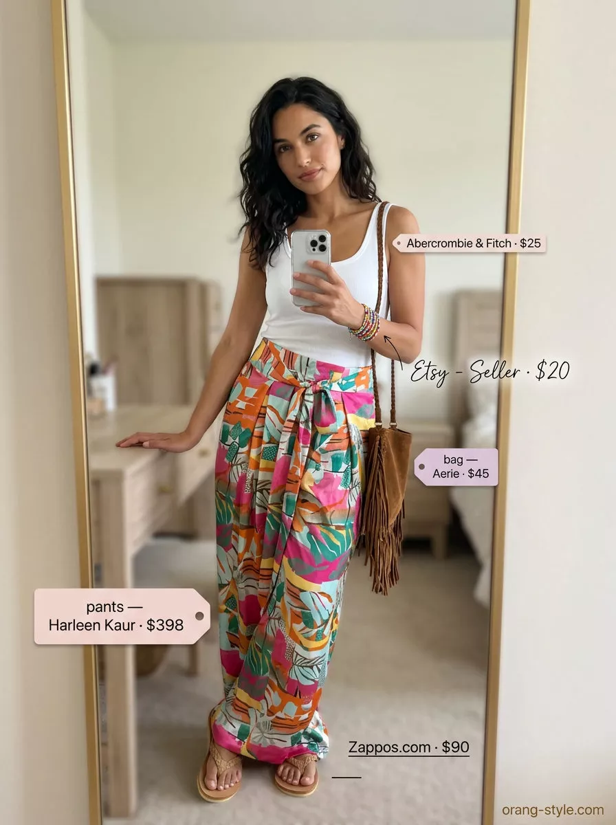 Classic summer outfits for women over 30 2026: Boho palazzo pants, white tank, leather sandals.