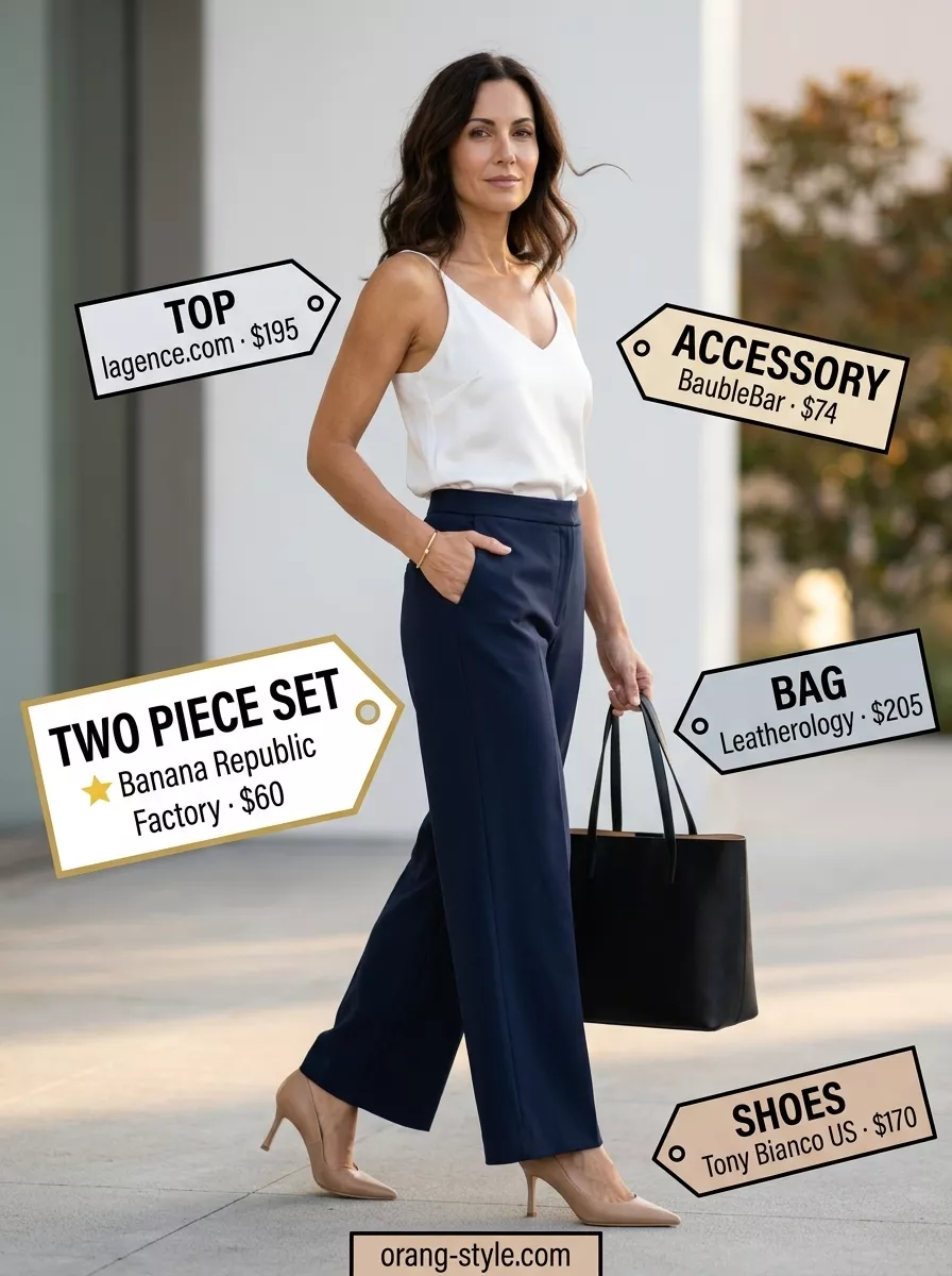 Classic summer outfits for women over 30 2026: Navy linen pantsuit, ivory cami & nude heels for business casual.
