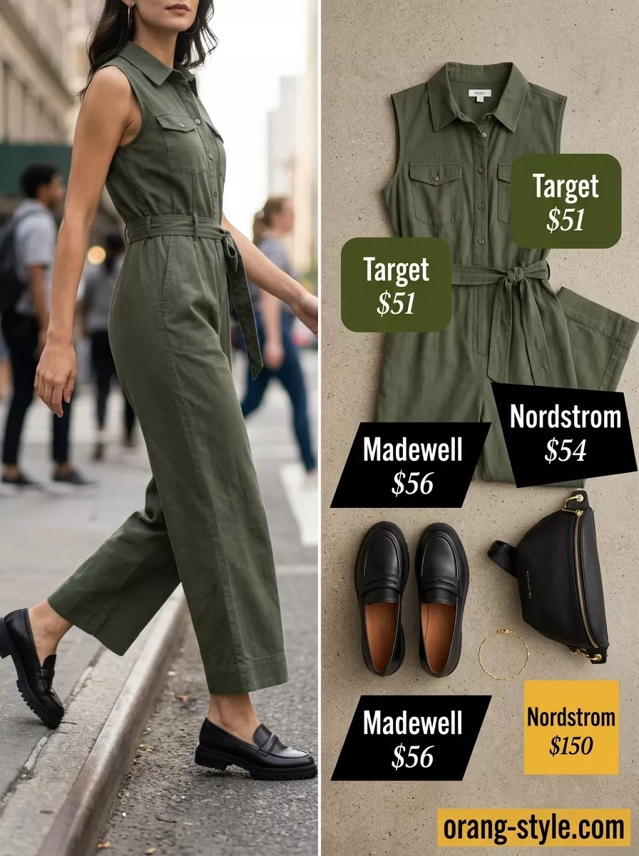 Classic summer outfits for women over 30 2026: Olive green utility jumpsuit, loafers & belt bag for city exploration.