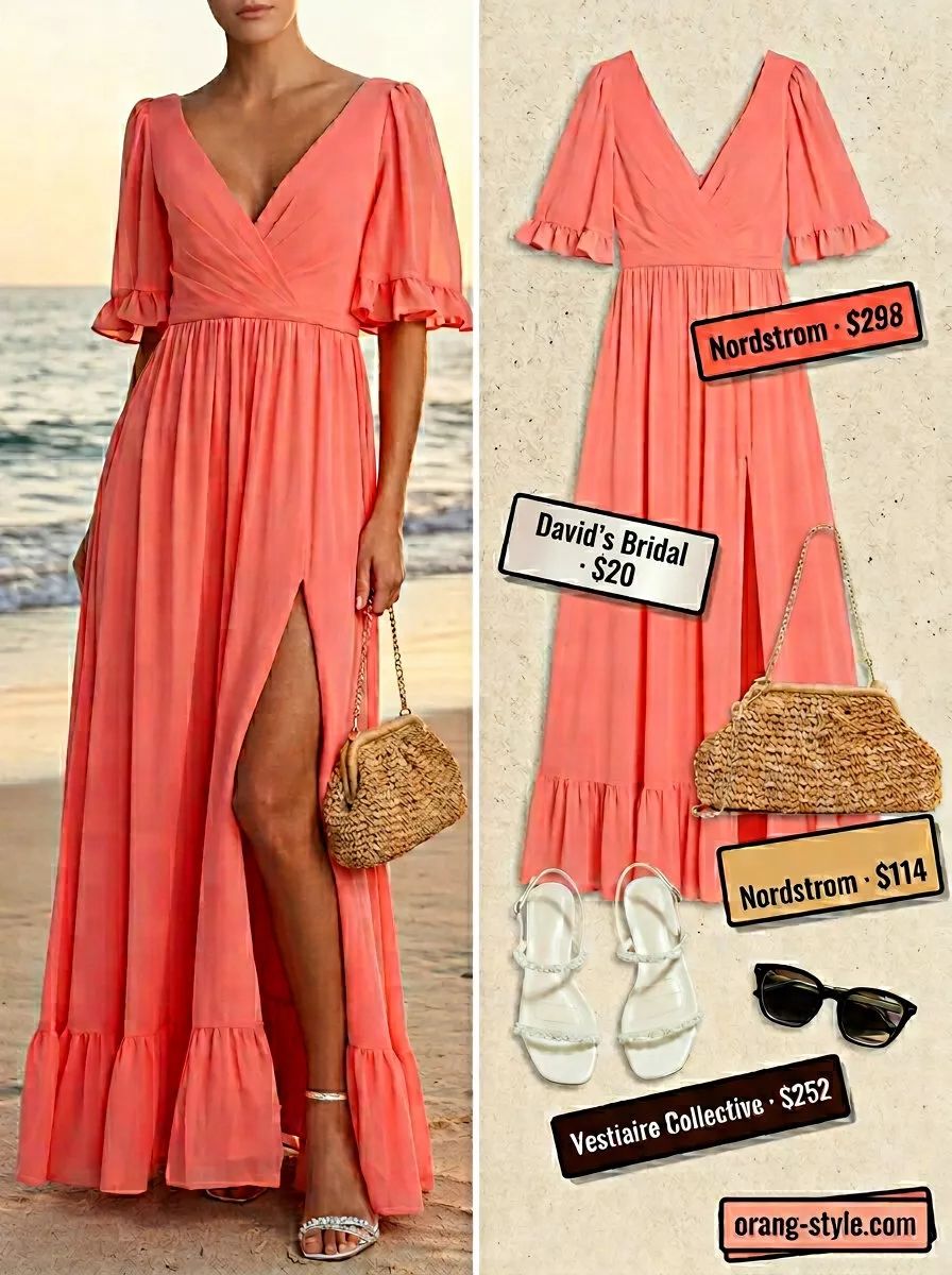 Coral maxi caftan, embellished sandals, and straw crossbody for a glamorous coastal summer beach outfit for women 2026.