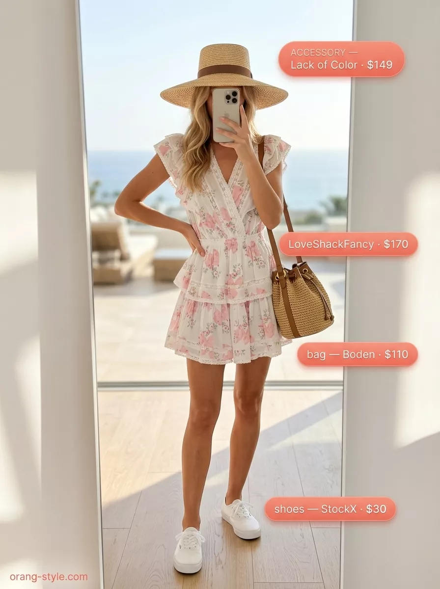 Sweet coastal summer beach outfit for women 2026: Pastel pink floral sundress with straw hat and canvas sneakers.