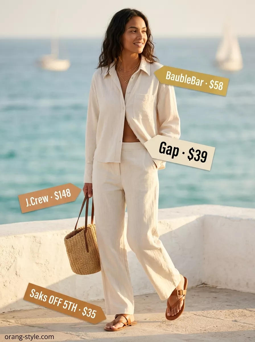 Relaxed coastal summer beach outfit for women 2026: Cream linen set with straw tote and gold necklaces.