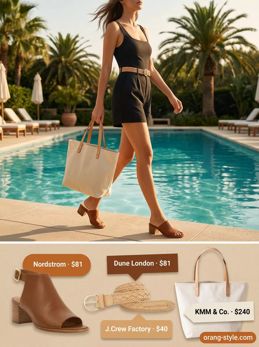 Olive green utility jumpsuit, tan mules, and canvas tote for a chic coastal summer beach outfit for women 2026.