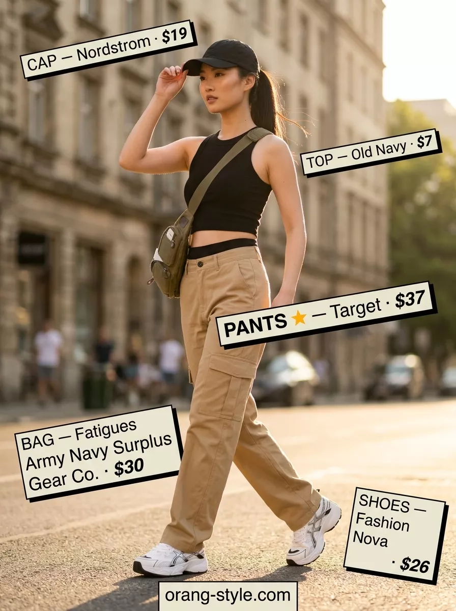 Beige cargo pants outfit for women 2026: Wide-leg pants, olive green crossbody, black crop top, and platform sneakers.