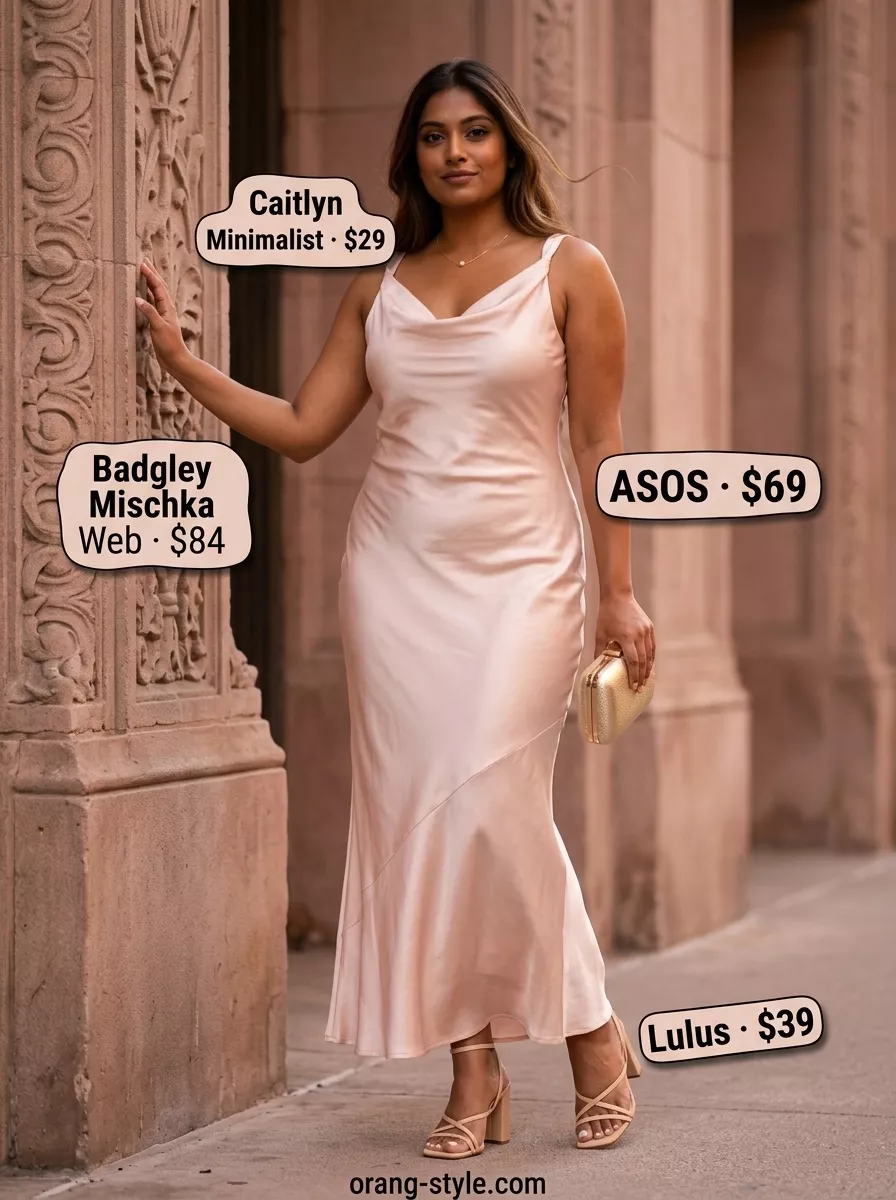 Soft peach slip dress, nude sandals, and gold necklace for summer wardrobe color trend ideas for women 2026.
