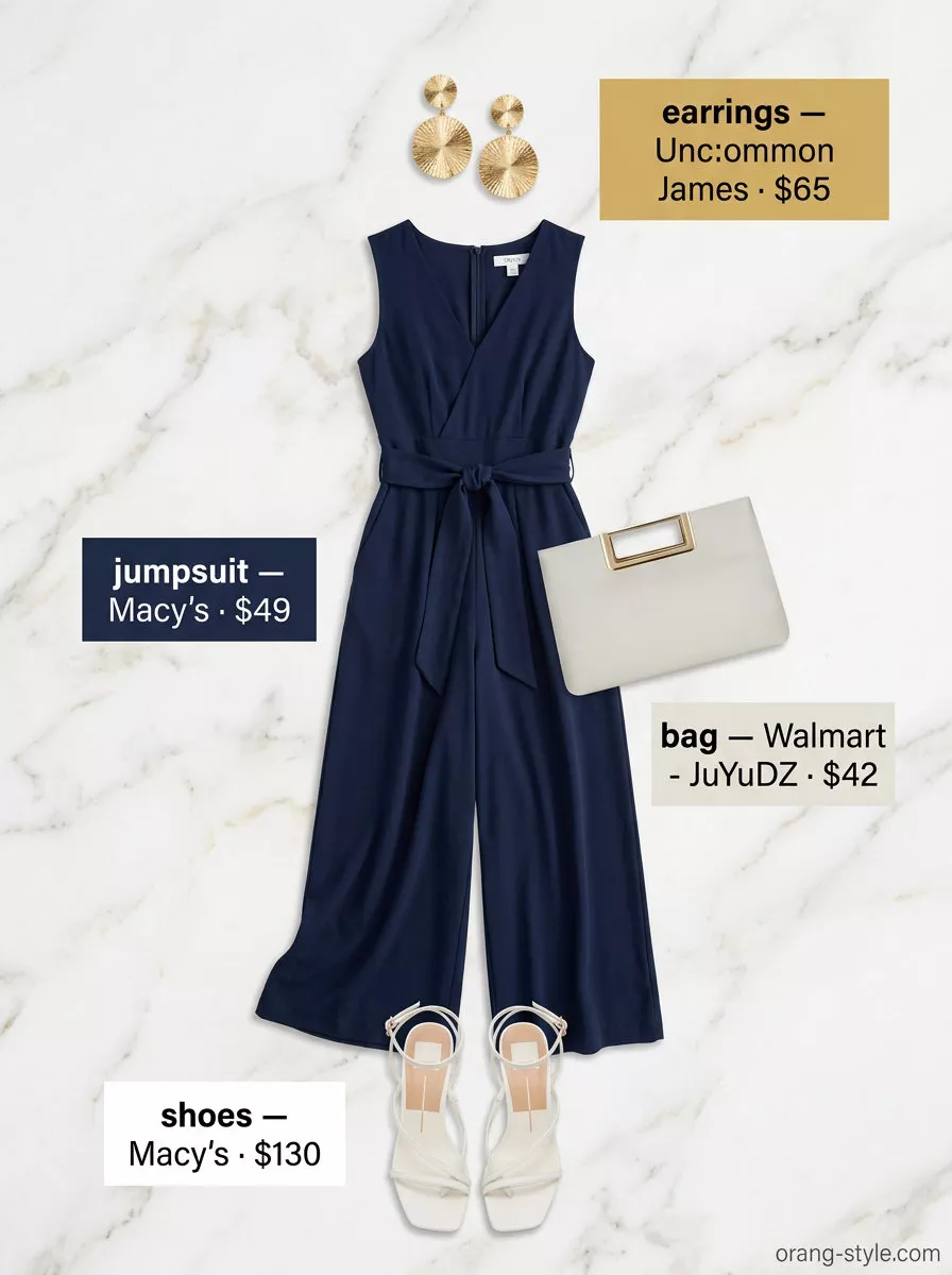 Chic Jumpsuit Summer Outfits 2026 Navy blue jumpsuit outfit for women, sophisticated summer fashion 2026. Chic evening event style.