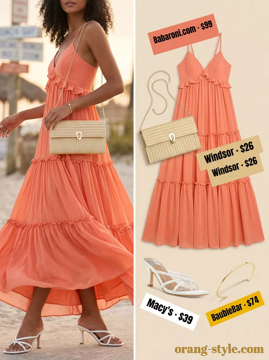 Coral Sunset Maxi: Summer Fashion Outfits 2026 Coral sunset maxi dress, white sandals, gold cuff for color trend summer fashion outfits for women 2026.