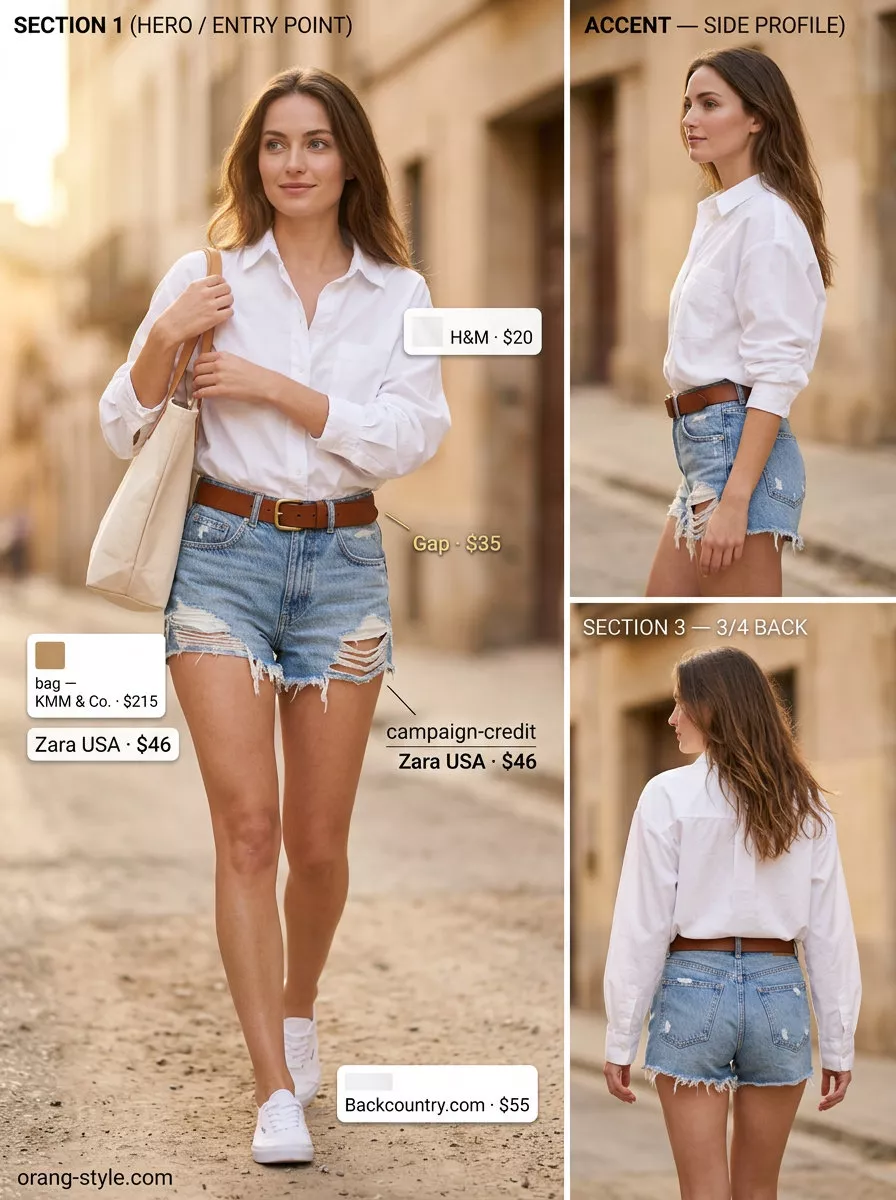Eclectic Denim Duo: Summer Fashion Outfits 2026 Denim shorts, oversized white shirt, canvas tote for color trend summer fashion outfits for women 2026.