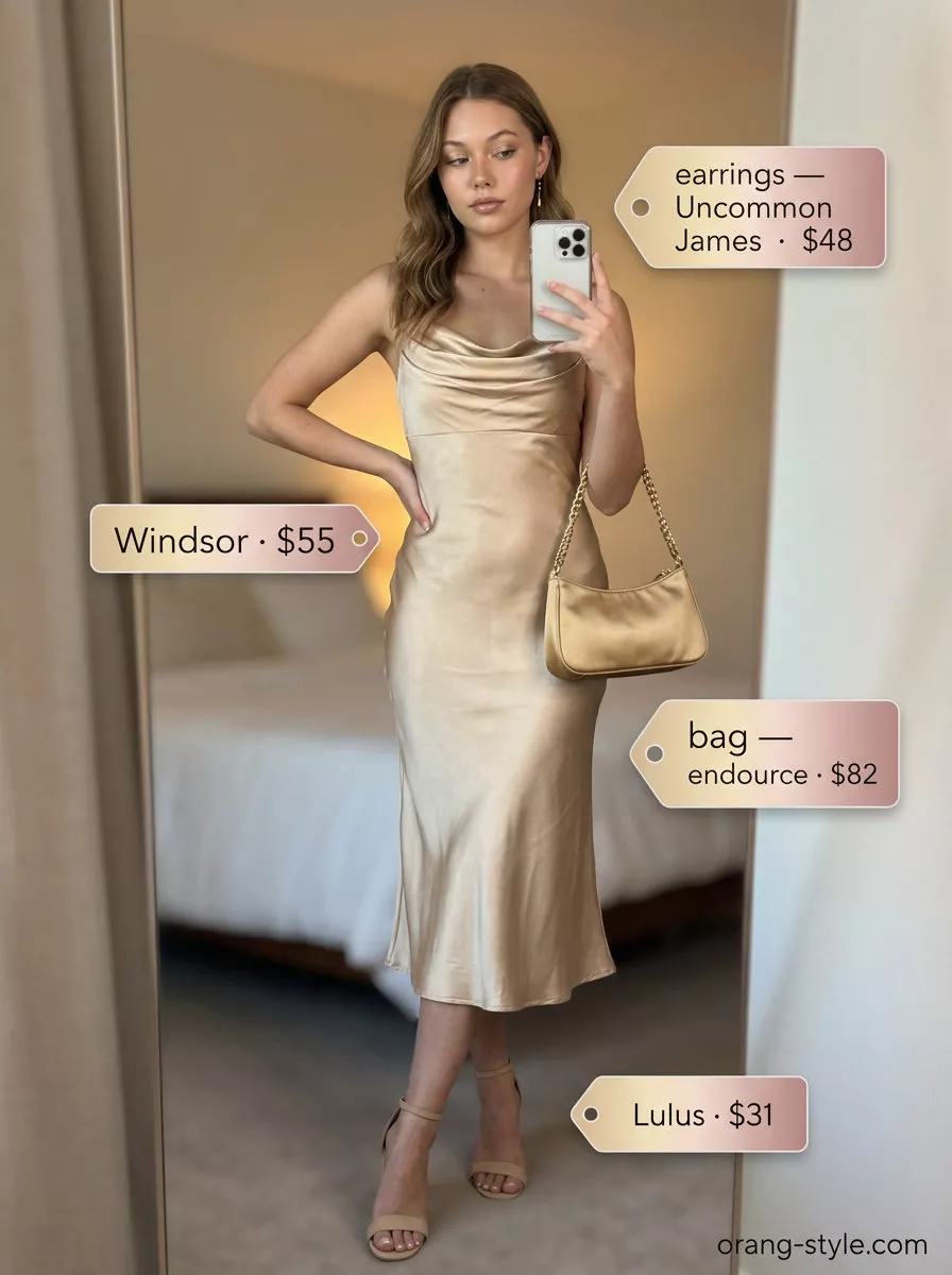 Sunset Glow Slip Dress: Summer Fashion Outfits 2026 Gold slip dress, nude sandals, black bag for color trend summer fashion outfits for women 2026.