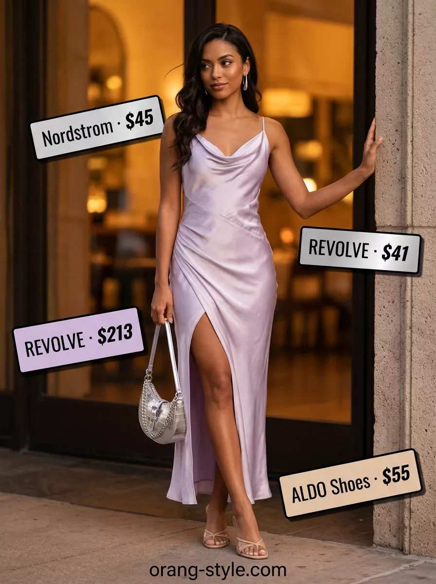 Lavender Slip Dress Outfits 2026 Lavender slip dress outfit for women, romantic summer fashion 2026. Evening date night style.