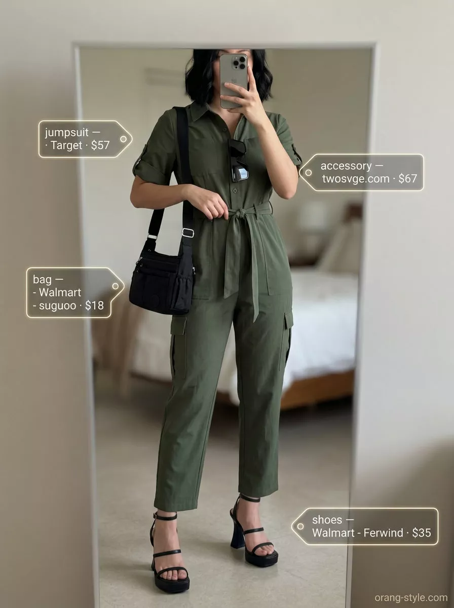 Urban Safari Jumpsuit: Summer Fashion 2026 Olive green utility jumpsuit outfit for women, color trend summer fashion outfits 2026. Urban safari style.