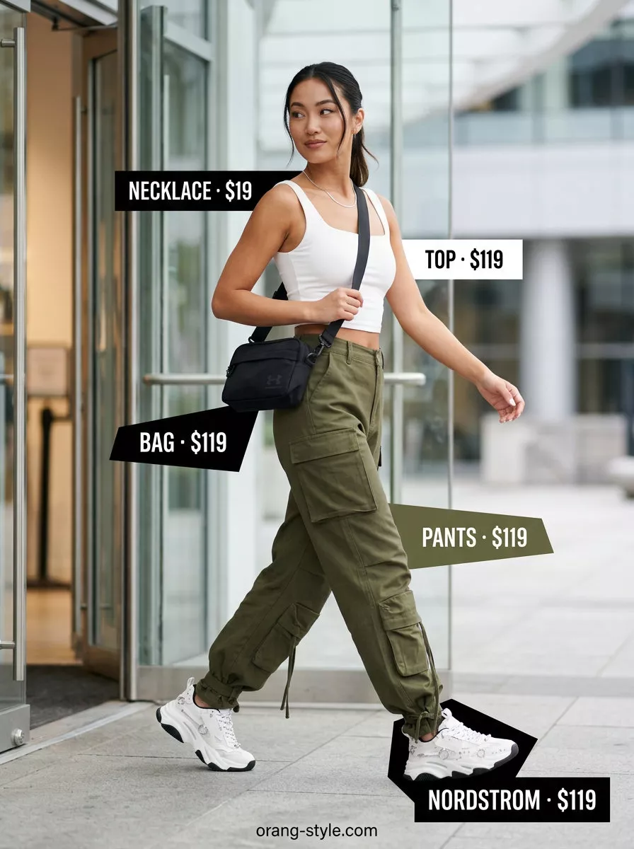 Urban Explorer Summer Outfits 2026 Olive green cargo pants outfit for women, edgy summer fashion 2026. Urban explorer casual style.