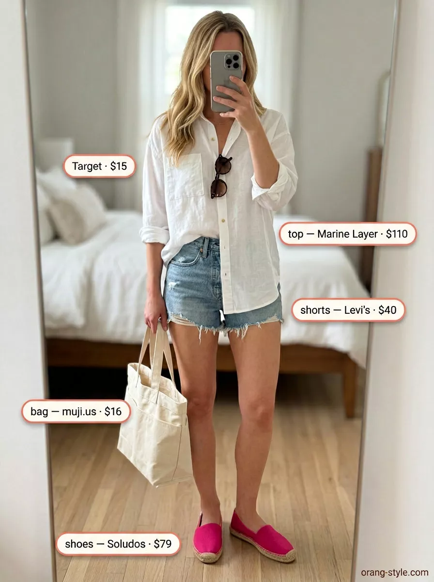 Weekend Explorer Summer Outfits 2026 Denim shorts outfit for women, casual summer fashion 2026. Weekend exploration picnic style.