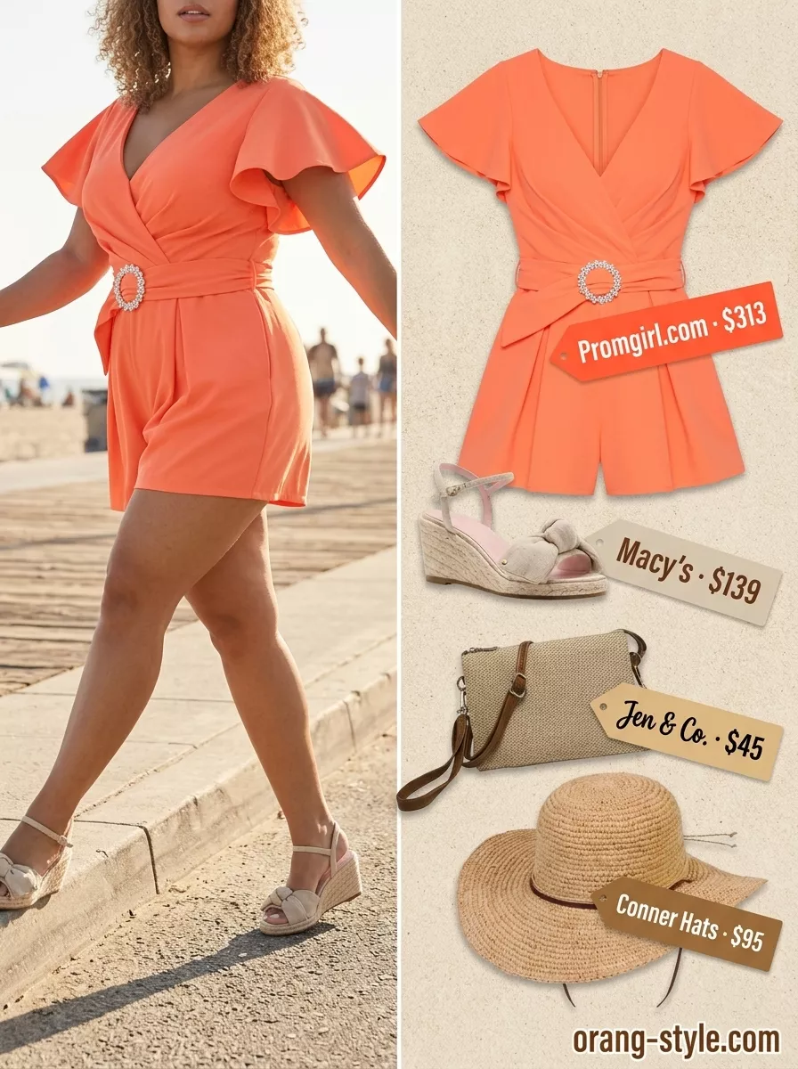 Sunset orange romper outfit for colorful plus size summer outfits for women 2026. Fun vibrant beach look.