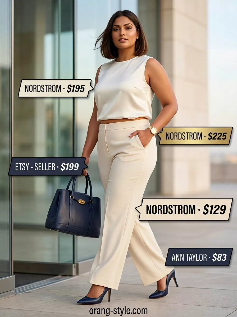 Sophisticated beige and navy pantsuit for plus size women 2026. Office wear.