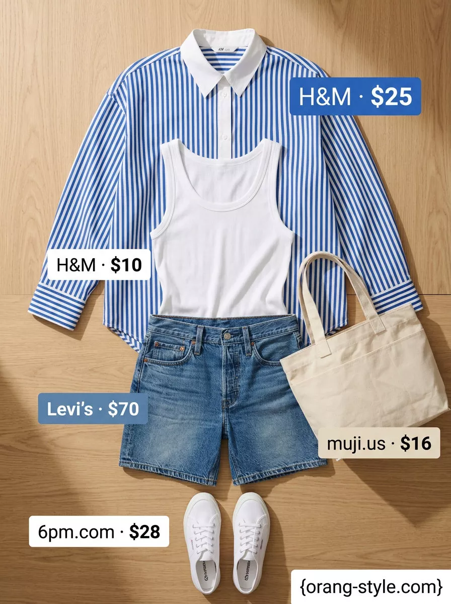 Colorful plus size summer outfits for women 2026: Blue stripe button-down, denim shorts, white sneakers for casual weekend.