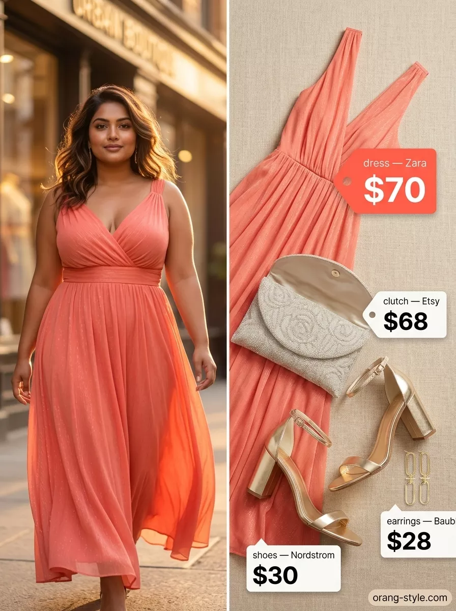 Ethereal coral maxi dress outfit for plus size women 2026. Perfect for summer weddings.
