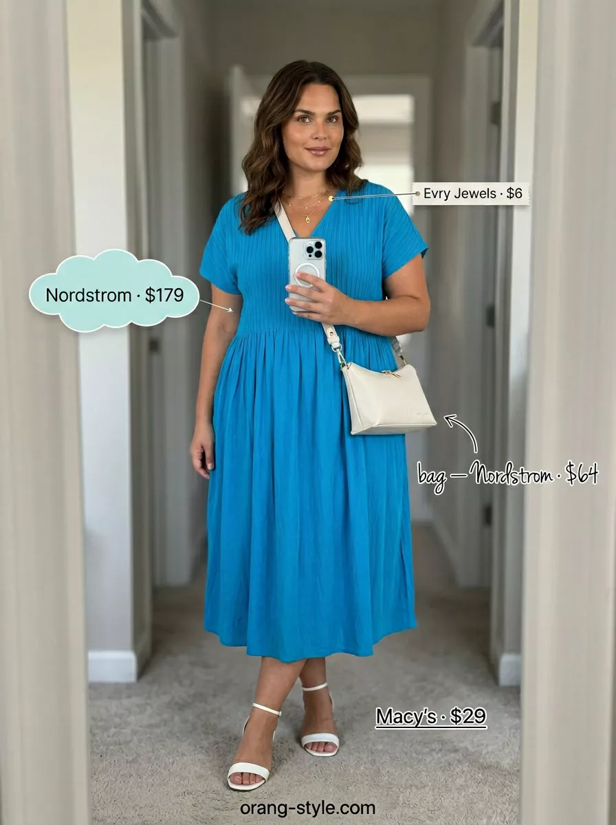 Colorful plus size summer outfits for women 2026: Ocean blue midi dress, white sandals, gold jewelry for daytime events.