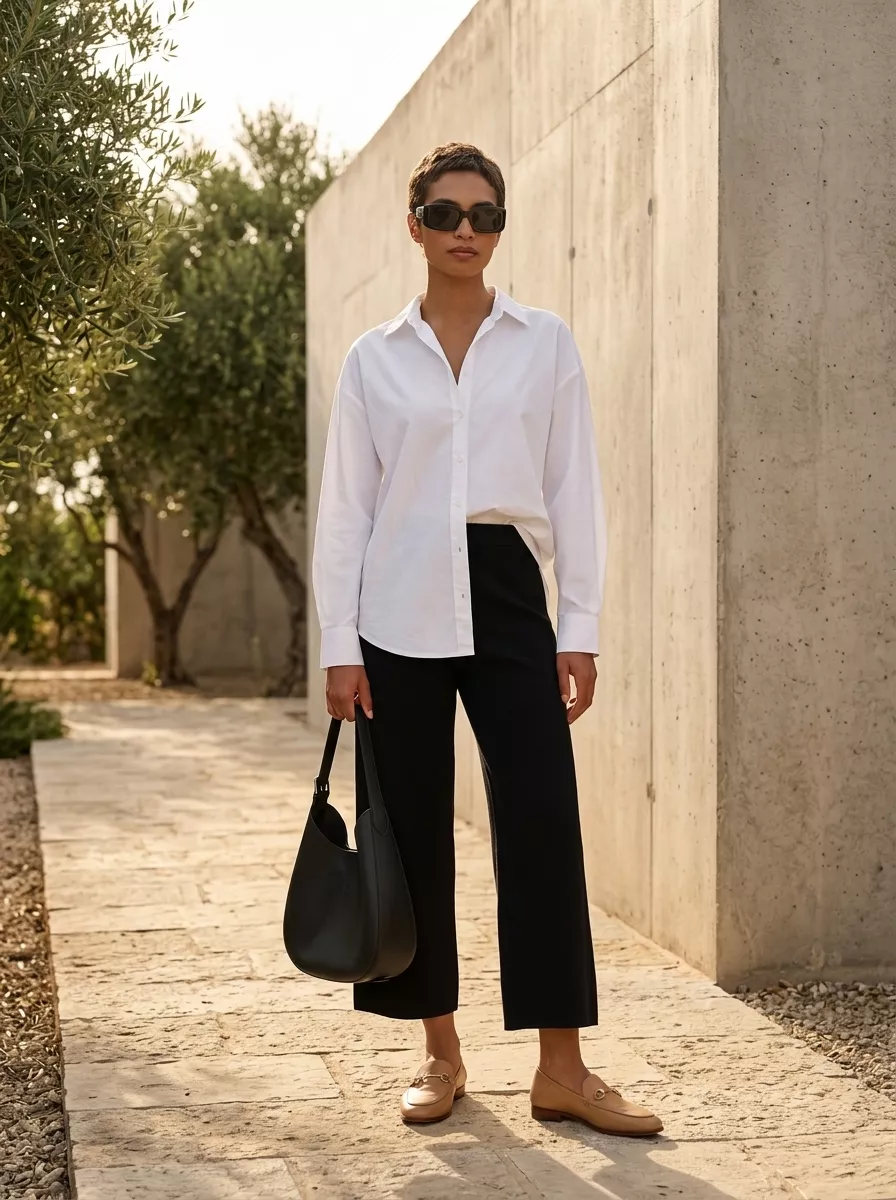 Cool Summer Work Outfits 2026: Black Straight-Leg Pants Cool summer work outfits for women 2026: Black straight-leg pants with oversized white shirt.