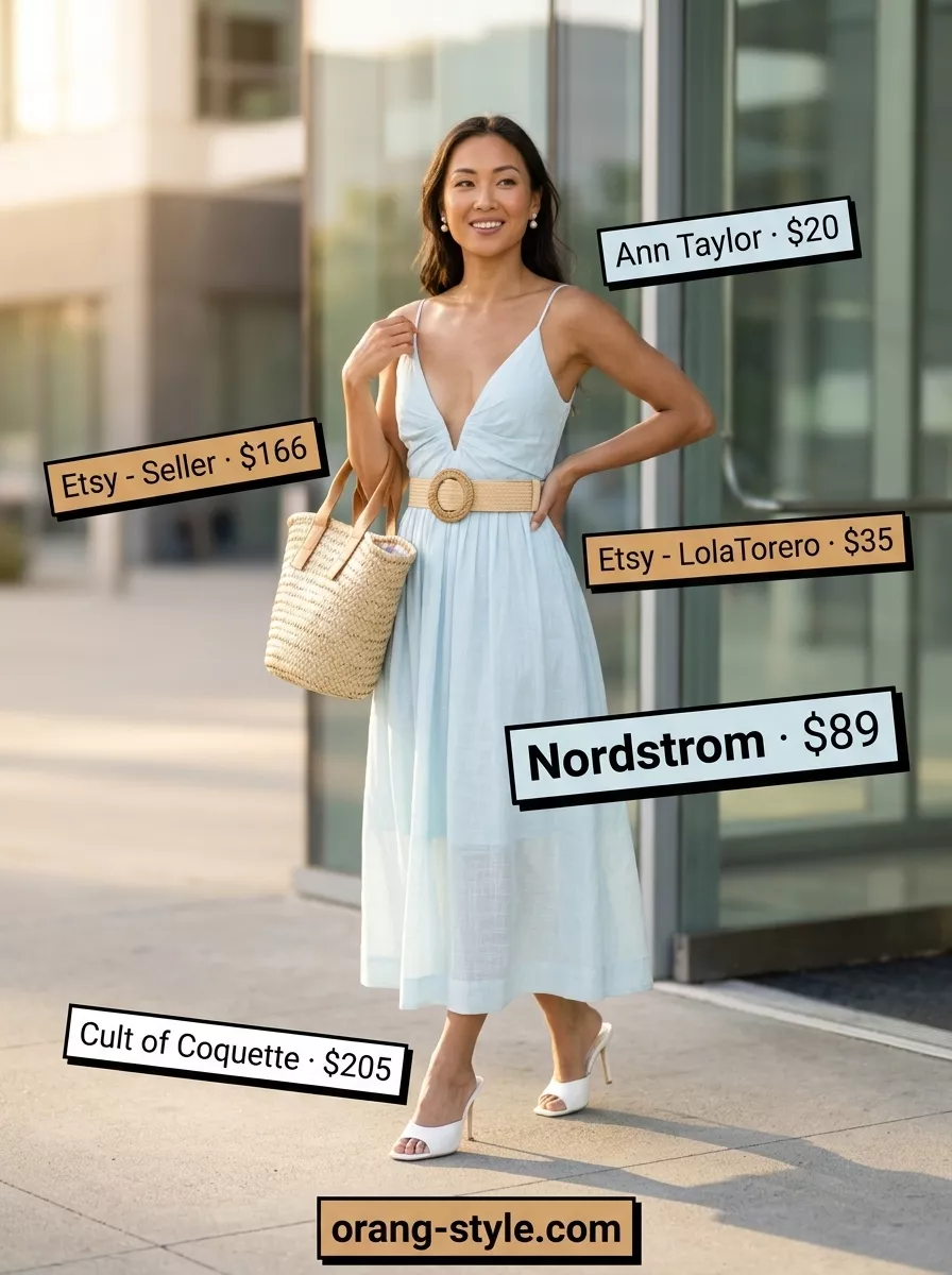 Cool Summer Work Outfits 2026: Breezy Blue Dress Sky blue midi dress with tan straw bag and white mules for cool summer work outfits for women 2026.