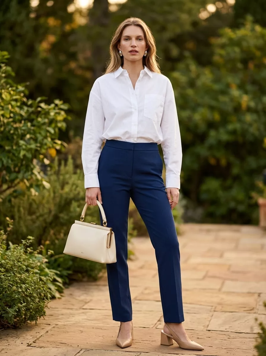 Cool Summer Work Outfits 2026: Cobalt Blue Cropped Trousers Cool summer work outfits for women 2026: Cobalt blue cropped trousers with white shirt.